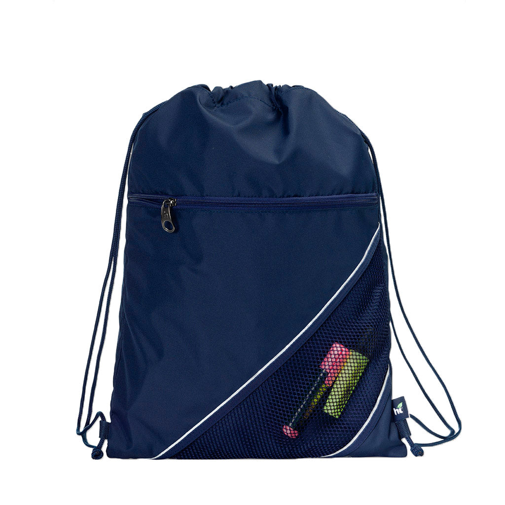 Harlequin navy eco sprint bag displaying drawstring opening, top zipper, external zippered pocket, and d-ring trinket holder