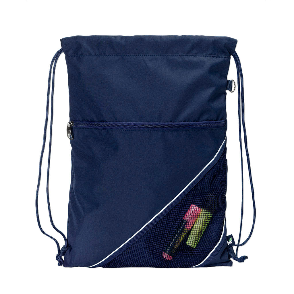 Harlequin navy eco sprint bag displaying drawstring opened, top zipper, external zippered pocket, and d-ring trinket holder