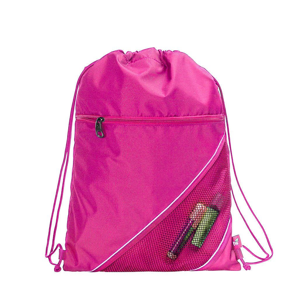 Harlequin hot pink eco sprint bag displaying drawstring opening, top zipper, external zippered pocket, and d-ring trinket holder