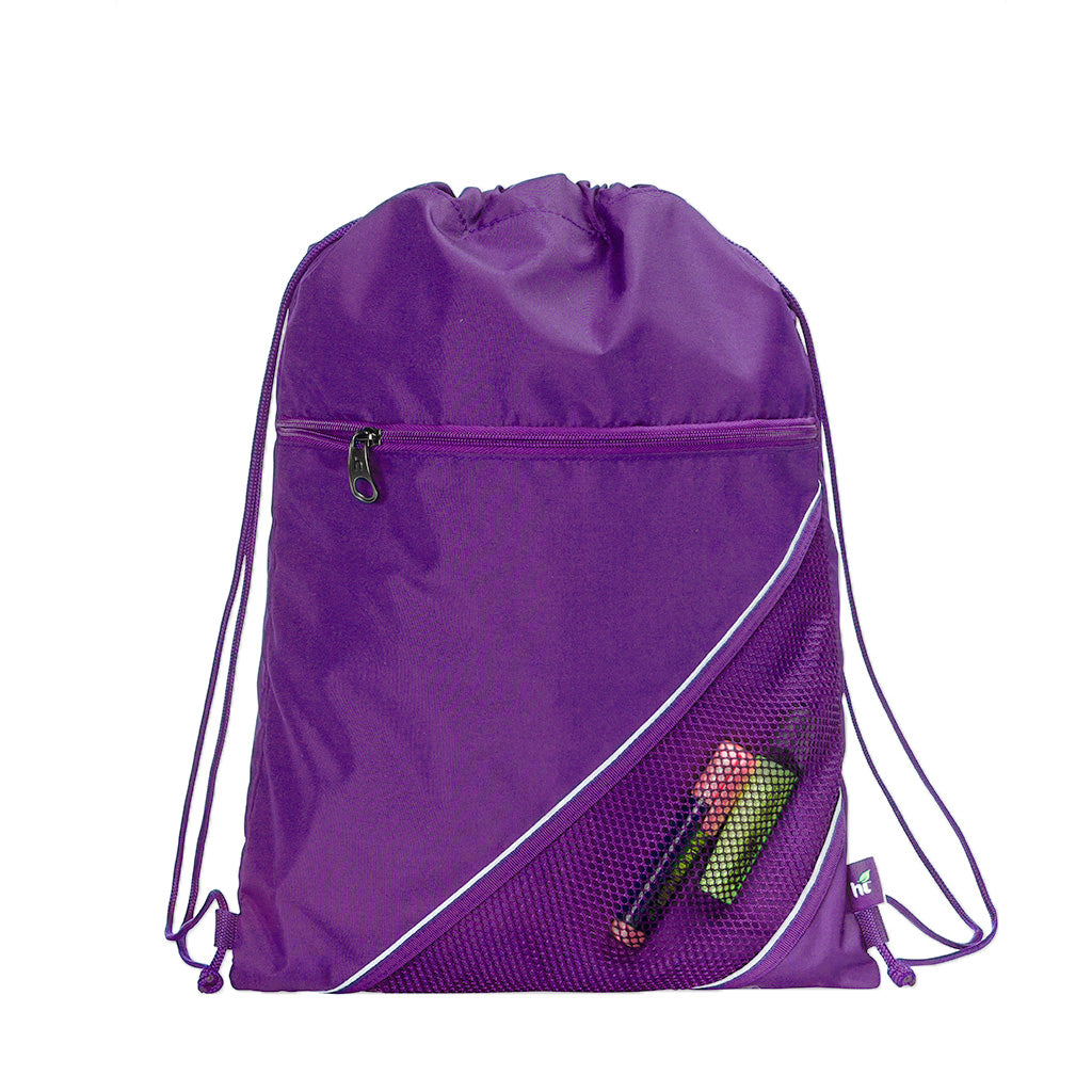 Harlequin purple eco sprint bag displaying drawstring opening, top zipper, external zippered pocket, and d-ring trinket holder