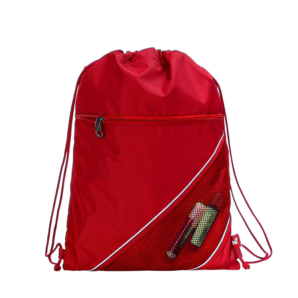 Harlequin red eco sprint bag displaying drawstring opening, top zipper, external zippered pocket, and d-ring trinket holder