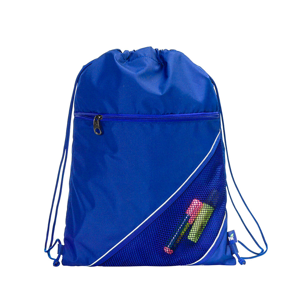 Harlequin royal eco sprint bag displaying drawstring opening, top zipper, external zippered pocket, and d-ring trinket holder