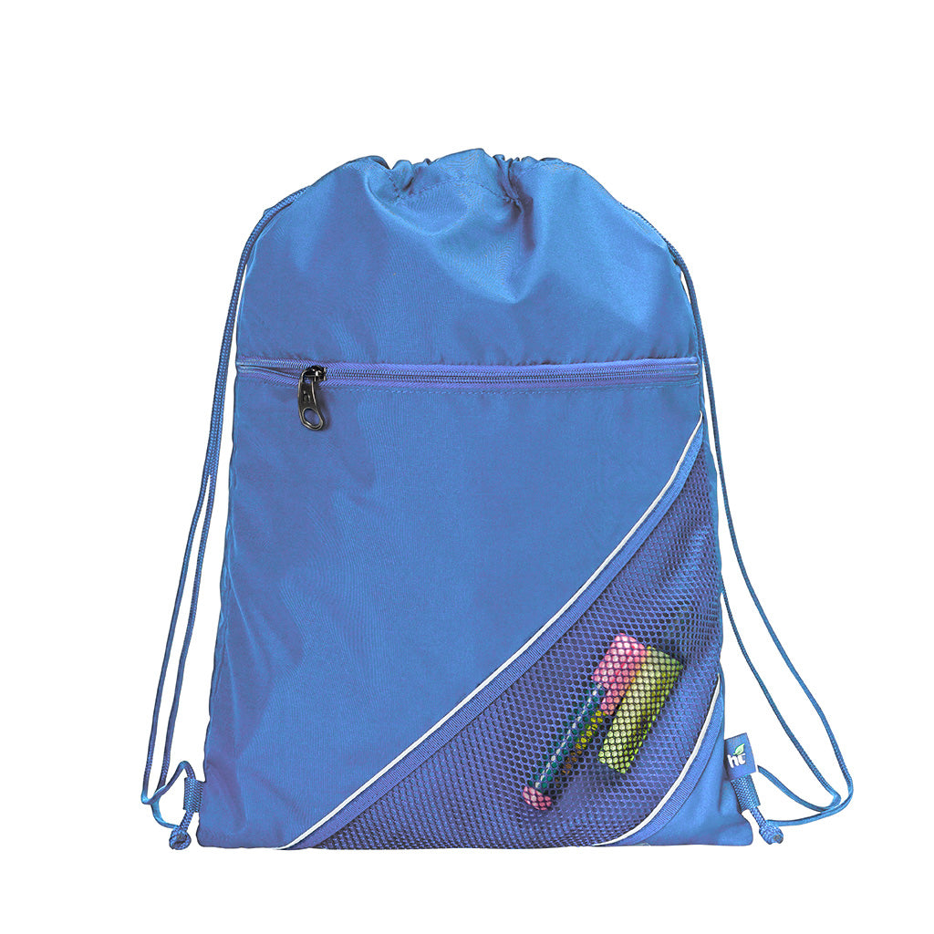 Harlequin sky blue eco sprint bag displaying drawstring opening, top zipper, external zippered pocket, and d-ring trinket holder