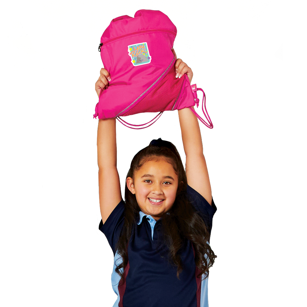 7 year old child model in school sports uniform, holding up above her head the Harlequin Eco Sprint bag in pink with personalisation.