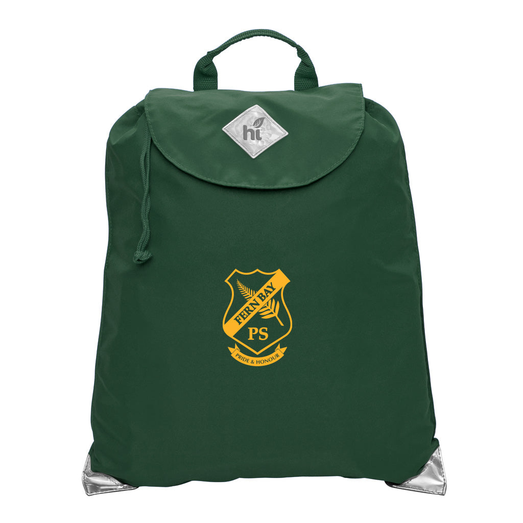 Harlequin green eco excursion bag front angle view displaying handle, velcro fastening with drawstring toggle, reflective safety corners and Fern bay logo