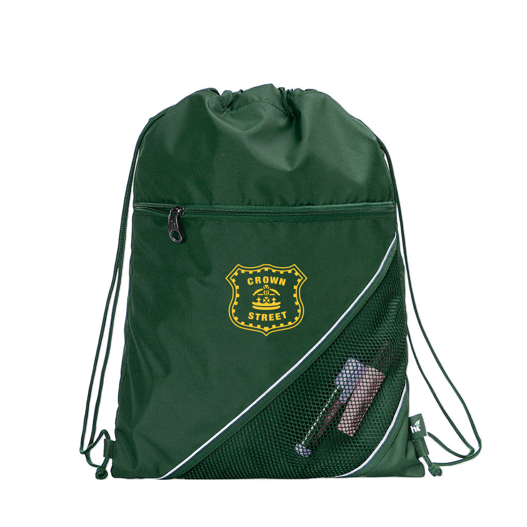 Harlequin green eco sprint bag displaying drawstring opening, top zipper, external zippered pocket, d-ring trinket holder and Crown street logo