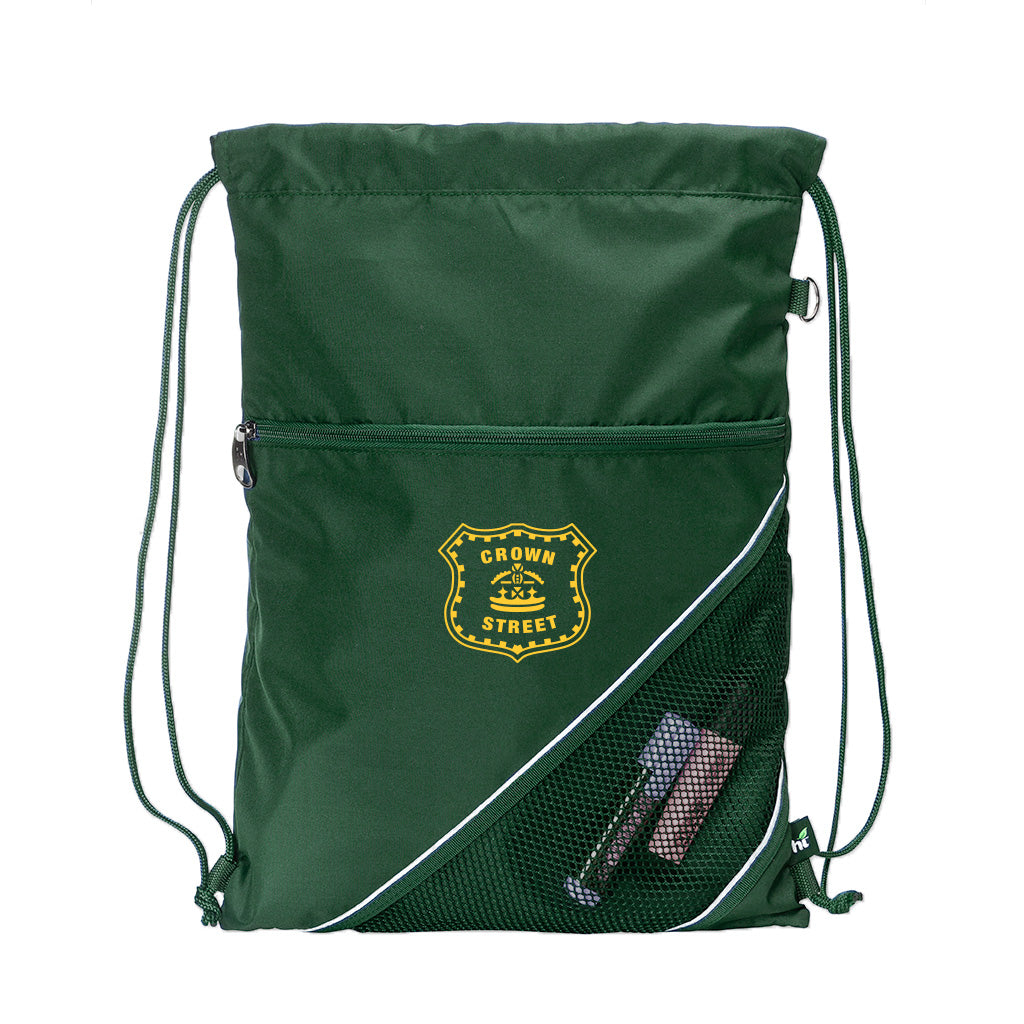 Harlequin green eco sprint bag displaying drawstring opened, top zipper, external zippered pocket, d-ring trinket holder and Crown street logo