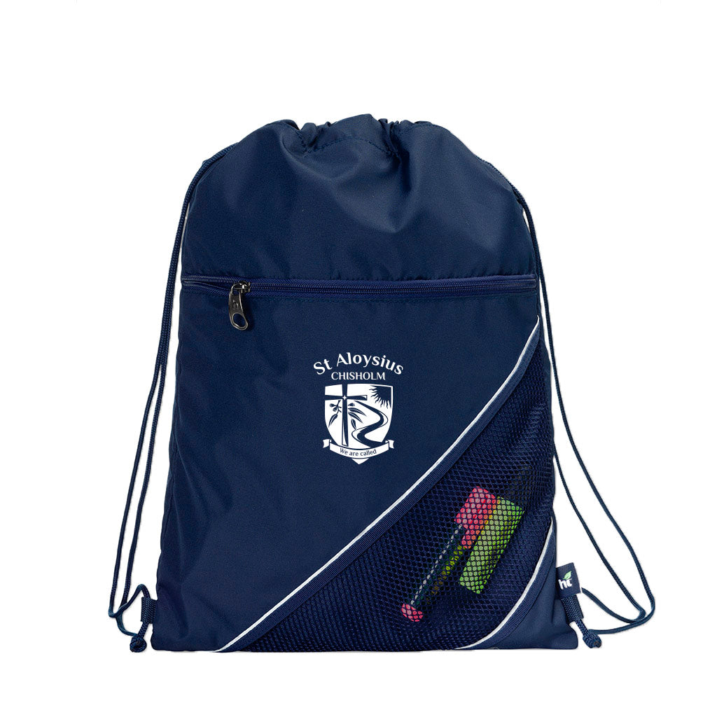Harlequin navy eco sprint bag displaying drawstring opening, top zipper, external zippered pocket, and d-ring trinket holder with St Aloysius logo