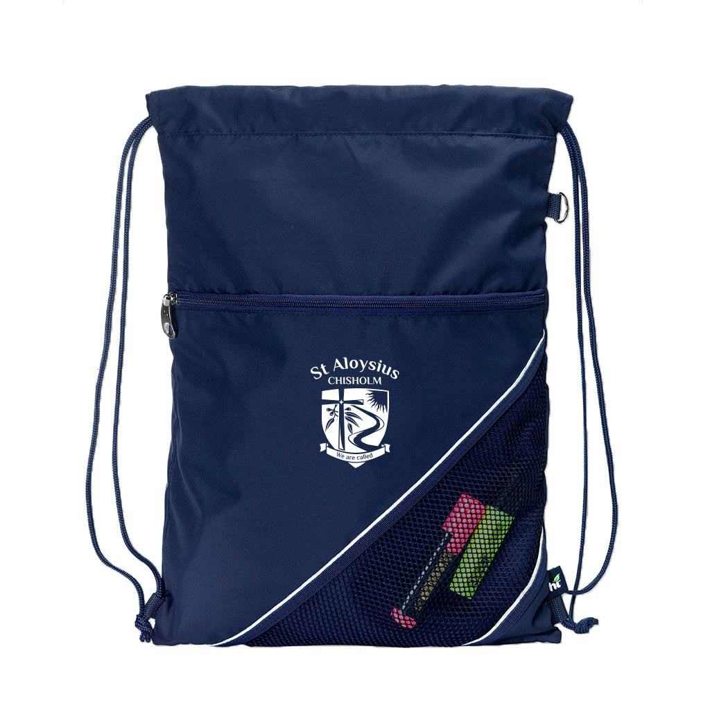 Harlequin navy eco sprint bag displaying drawstring opened, top zipper, external zippered pocket, and d-ring trinket holder with St Aloysius logo