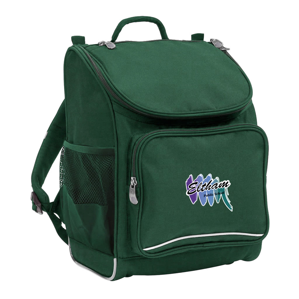 Mighty backpack in colour Green, front side angle displaying carry handle, padded shoulder straps, top zipper compartment, front zipper pocket and mesh water bottle holder with Eltham Public School logo