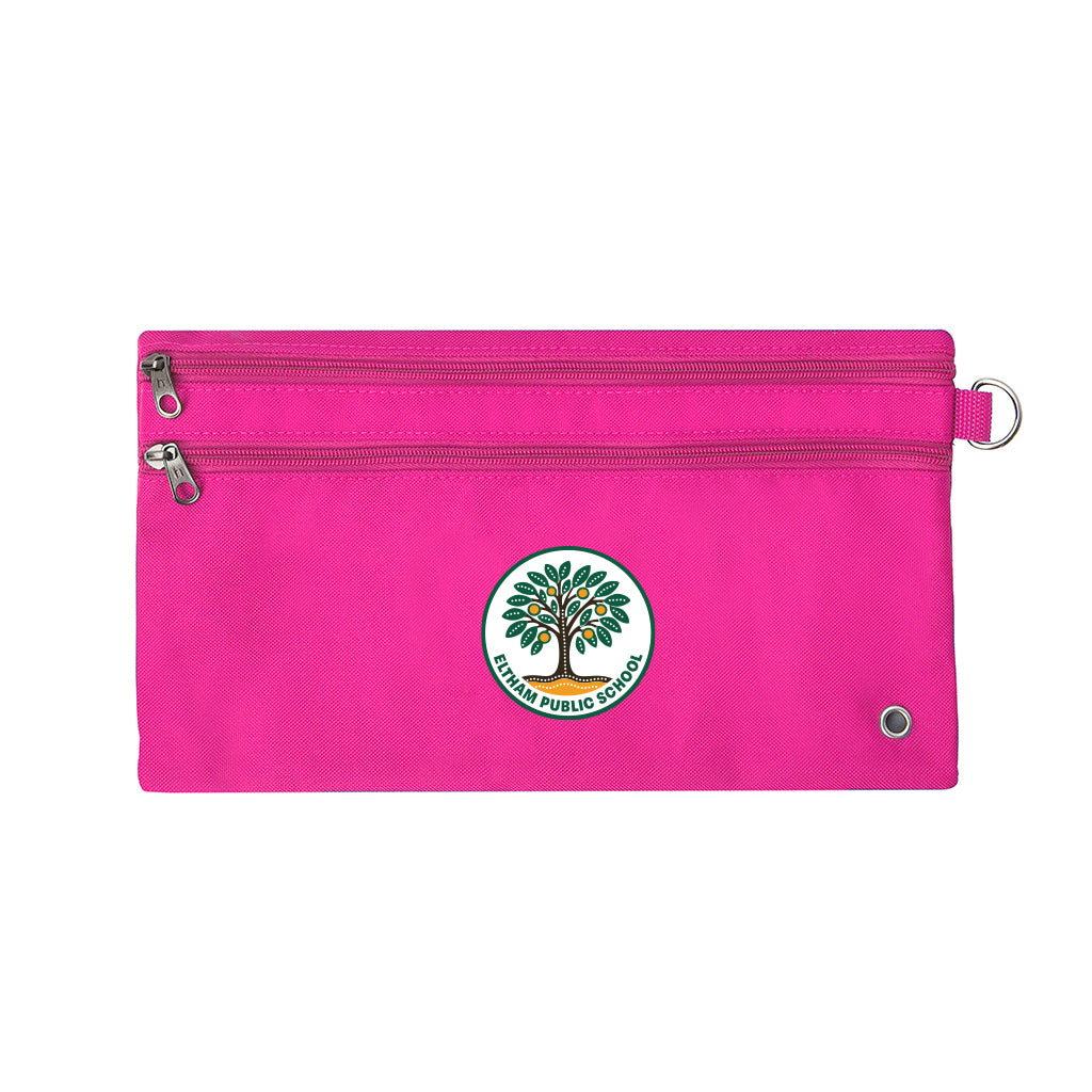 Harlequin pink pencil case front angle displaying two zip compartments and D-ring with Eltham public School logo