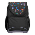 Harlequin Ergo Tuff-Pack backpack in Black featuring Galaxy Boy design from the Harlequin Creatix signature series. Front view showing the front zipper pocket and detachable flap.