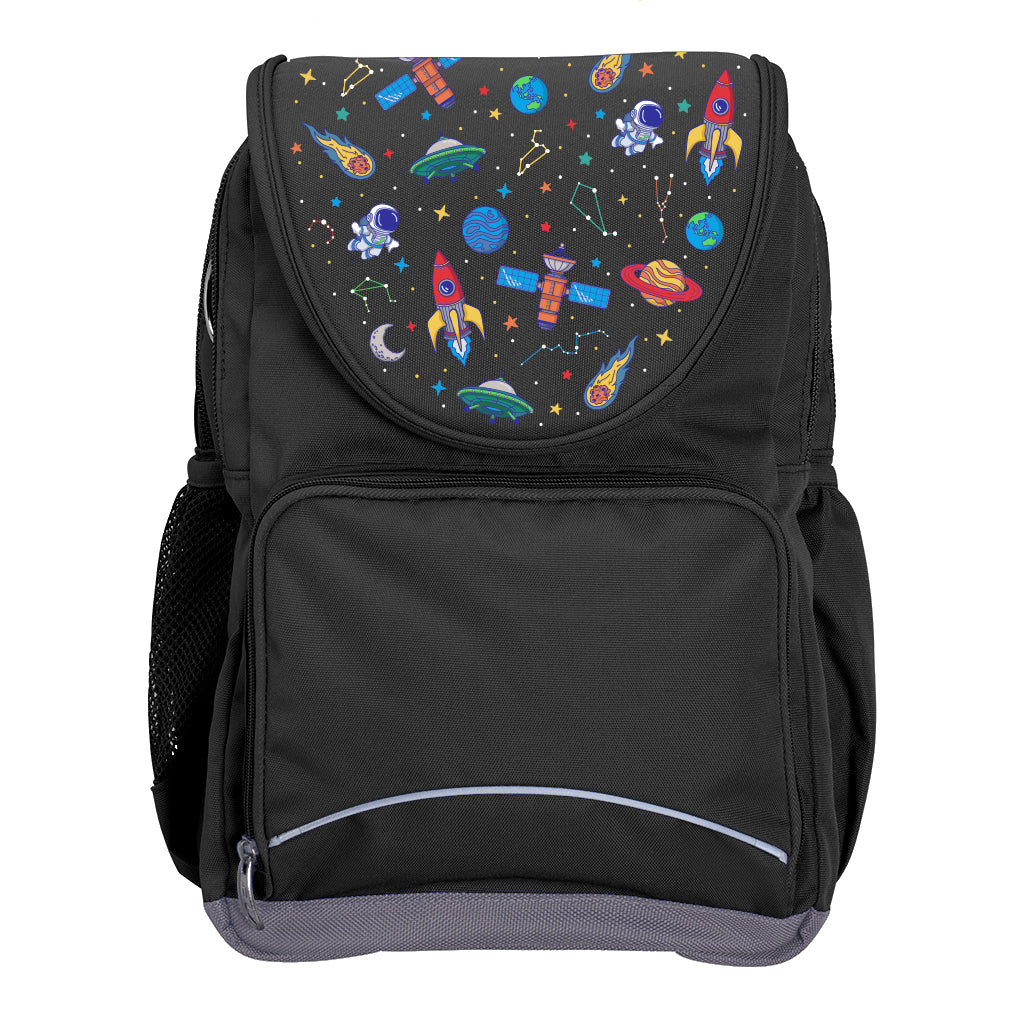Harlequin Ergo Tuff-Pack backpack in Black featuring Galaxy Boy design from the Harlequin Creatix signature series. Front view showing the front zipper pocket and detachable flap.