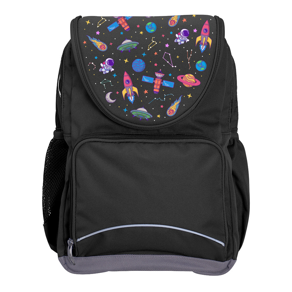 Harlequin Ergo Tuff-Pack backpack in Black with Galaxy Girl design from the Harlequin Creatix signature series. Front view showcasing two zipper compartments, reflective piping, front zipper pocket and front of flap.
