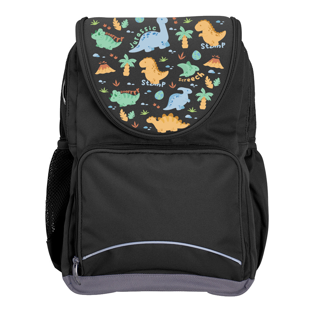 Harlequin Ergo Tuff-Pack backpack in Black with Jurassic design from the Harlequin Creatix signature series. Front view showcasing two zipper compartments, reflective piping, front zipper pocket and front of flap.
