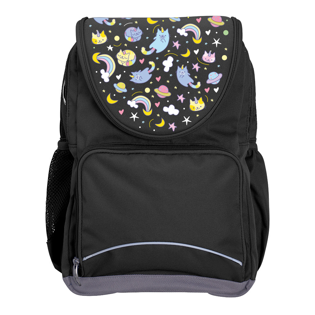 Harlequin Ergo Tuff-Pack backpack in Black with Kittycorn design from the Harlequin Creatix signature series. Front view showcasing two zipper compartments, reflective piping, front zipper pocket and front of flap.