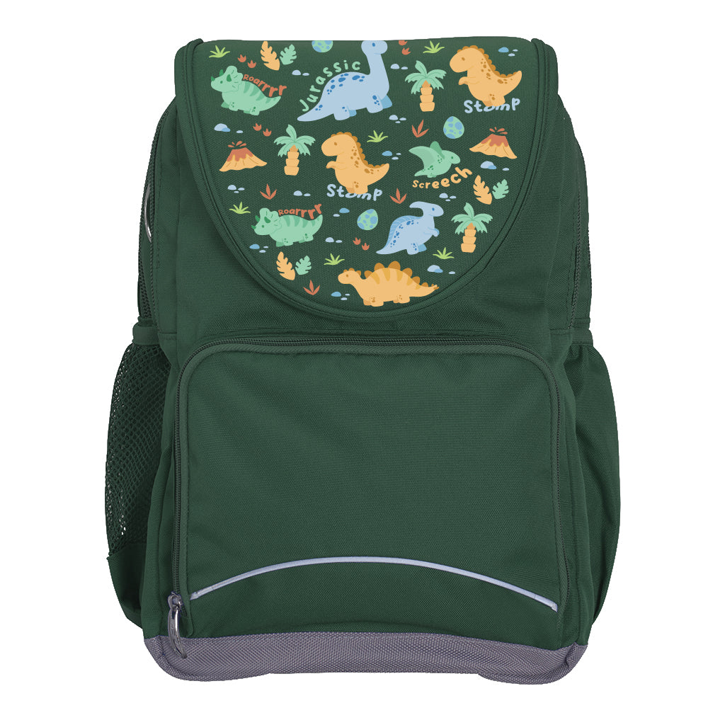 Harlequin Ergo Tuff-Pack backpack in Green with Jurassic design from the Harlequin Creatix signature series. Front view showcasing two zipper compartments, reflective piping, front zipper pocket and front of flap.