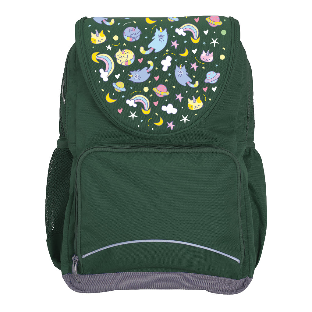 Harlequin Ergo Tuff-Pack backpack in Green with Kittycorn design from the Harlequin Creatix signature series. Front view showcasing two zipper compartments, reflective piping, front zipper pocket and front of flap.
