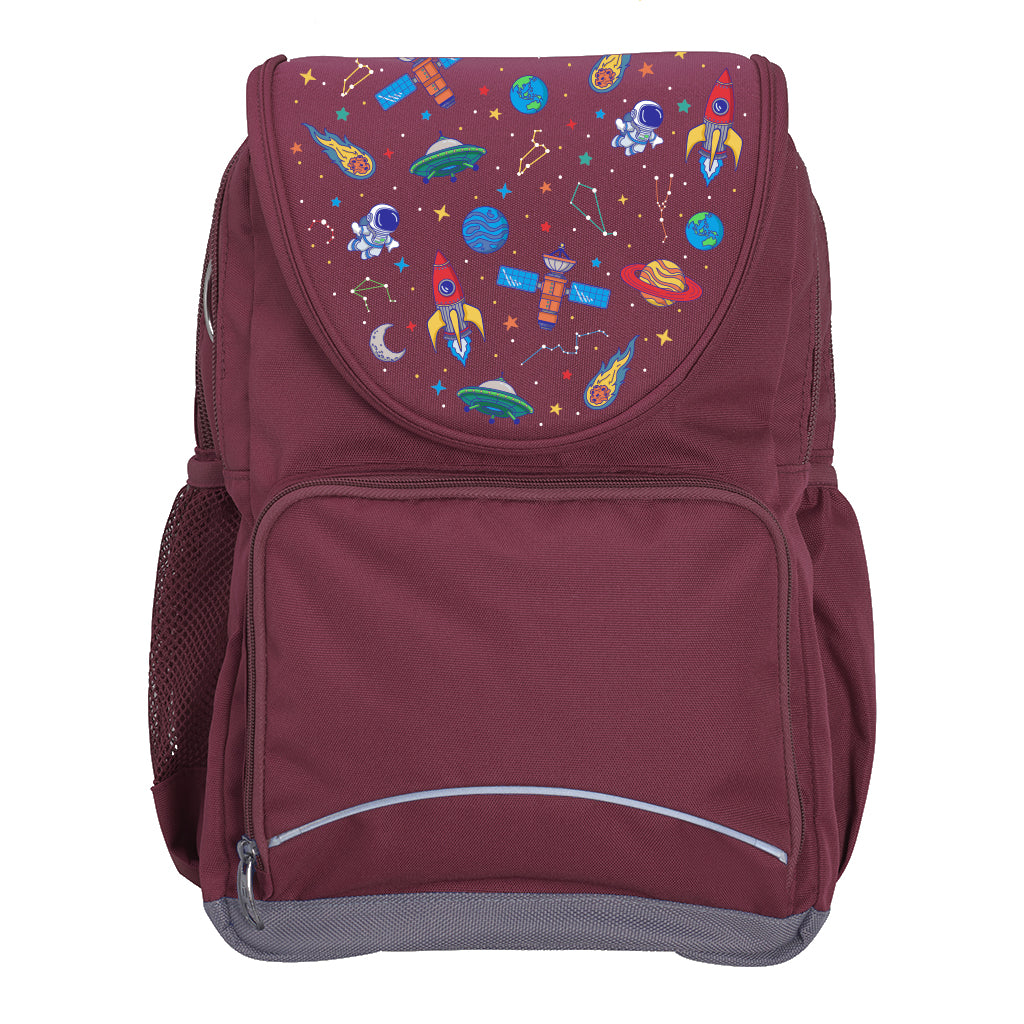 Harlequin Ergo Tuff-Pack backpack in Maroon featuring Galaxy Boy design from the Harlequin Creatix signature series. Front view showing the front zipper pocket and detachable flap.