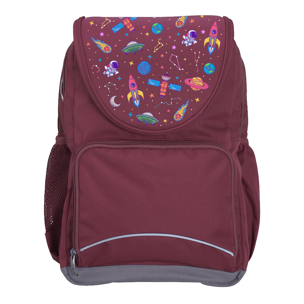 Harlequin Ergo Tuff-Pack backpack in Maroon with Galaxy Girl design from the Harlequin Creatix signature series. Front view showcasing two zipper compartments, reflective piping, front zipper pocket and front of flap.