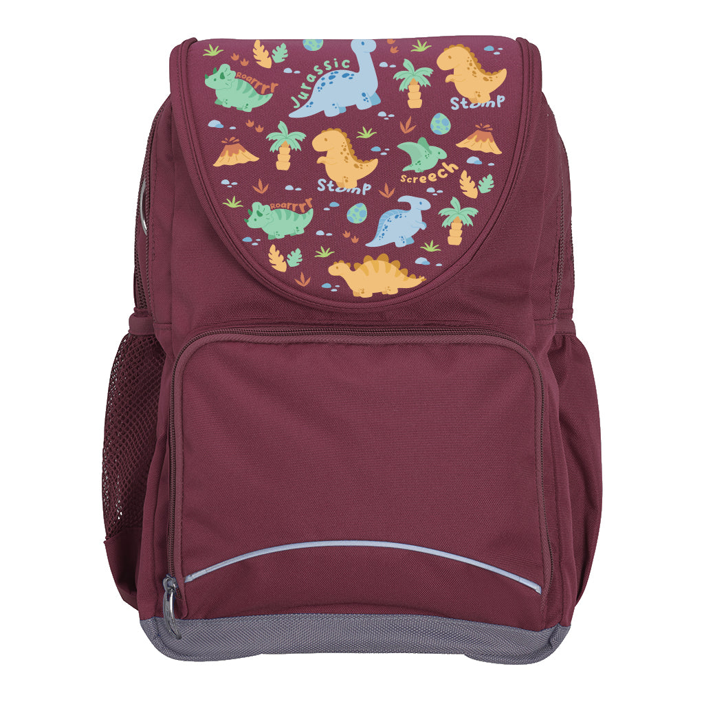 Harlequin Ergo Tuff-Pack backpack in Maroon with Jurassic design from the Harlequin Creatix signature series. Front view showcasing two zipper compartments, reflective piping, front zipper pocket and front of flap.