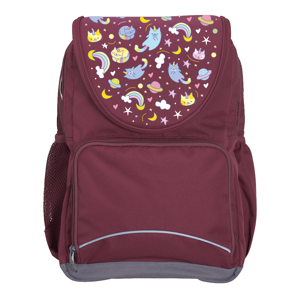 Harlequin Ergo Tuff-Pack backpack in Maroon with Kittycorn design from the Harlequin Creatix signature series. Front view showcasing two zipper compartments, reflective piping, front zipper pocket and front of flap.