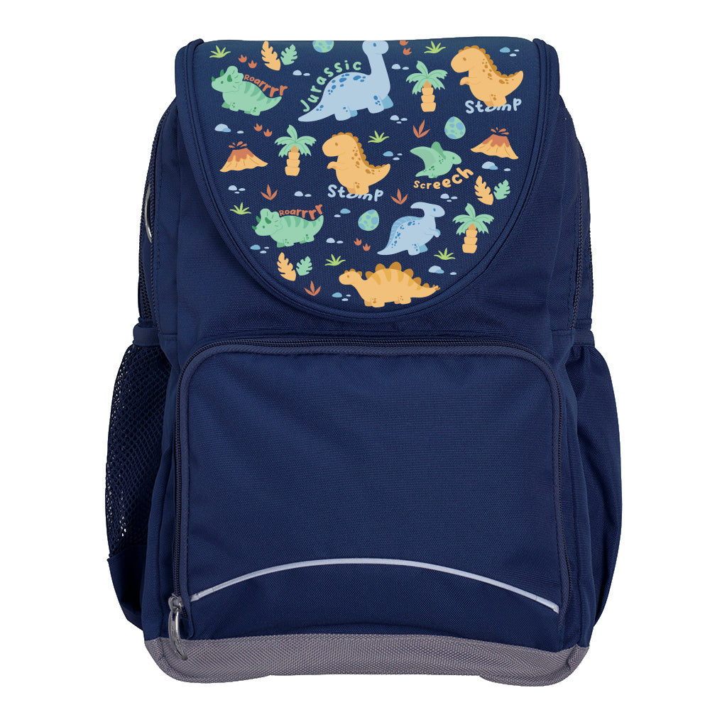 Harlequin Ergo Tuff-Pack backpack in Navy with Jurassic design from the Harlequin Creatix signature series. Front view showcasing two zipper compartments, reflective piping, front zipper pocket and front of flap.