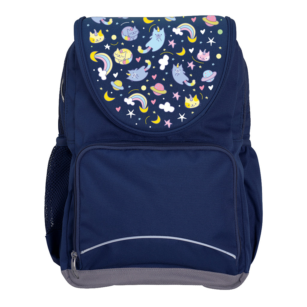 Harlequin Ergo Tuff-Pack backpack in Navy with Kittycorn design from the Harlequin Creatix signature series. Front view showcasing two zipper compartments, reflective piping, front zipper pocket and front of flap.