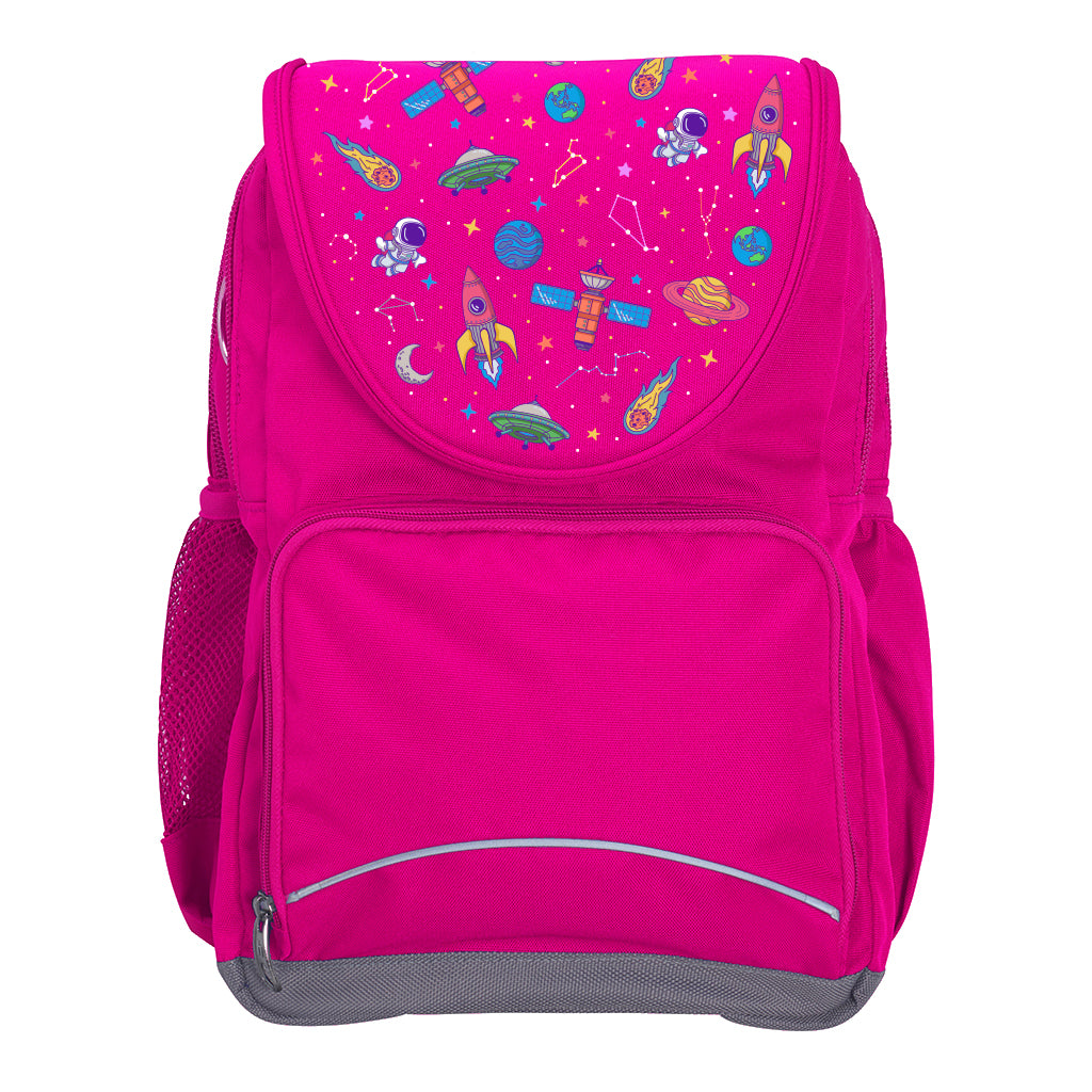 Harlequin Ergo Tuff-Pack backpack in Pink with Galaxy Girl design from the Harlequin Creatix signature series. Front view showcasing two zipper compartments, reflective piping, front zipper pocket and front of flap.