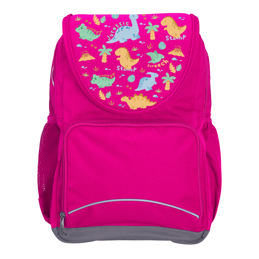 Harlequin Ergo Tuff-Pack backpack in Pink with Jurassic design from the Harlequin Creatix signature series. Front view showcasing two zipper compartments, reflective piping, front zipper pocket and front of flap.