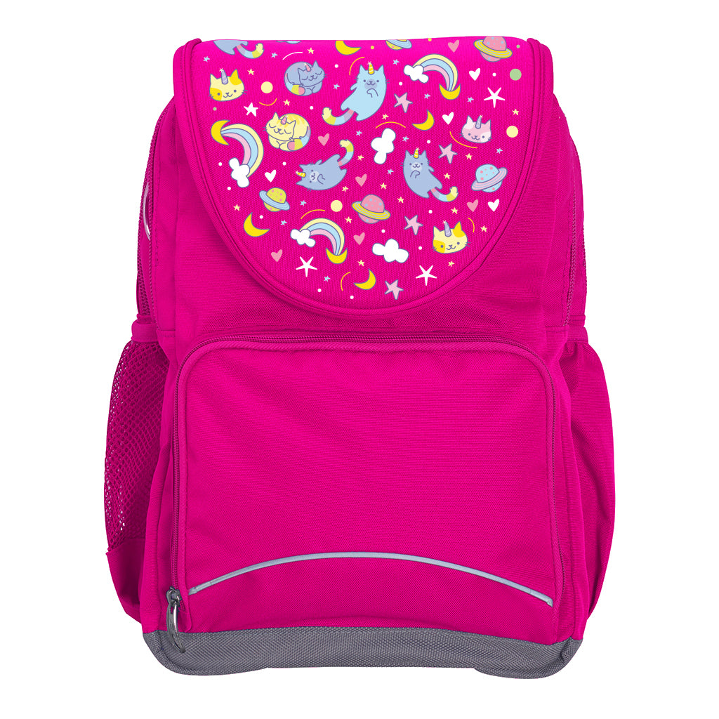 Harlequin Ergo Tuff-Pack backpack in Pink with Kittycorn design from the Harlequin Creatix signature series. Front view showcasing two zipper compartments, reflective piping, front zipper pocket and front of flap.