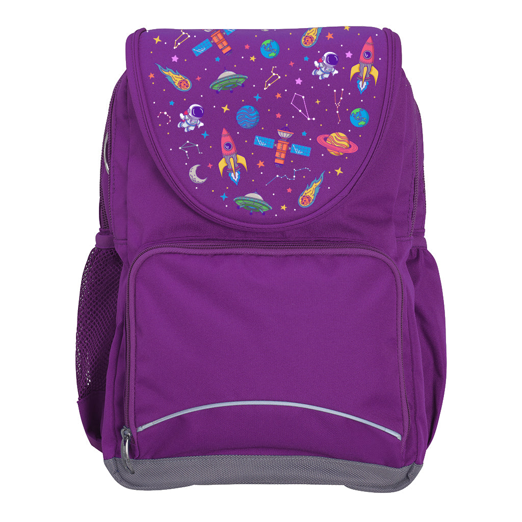 Harlequin Ergo Tuff-Pack backpack in Purple with Galaxy Girl design from the Harlequin Creatix signature series. Front view showcasing two zipper compartments, reflective piping, front zipper pocket and front of flap.