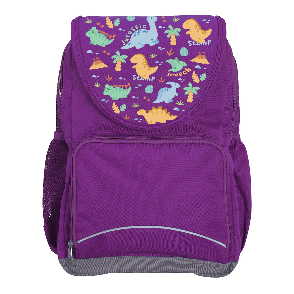 Harlequin Ergo Tuff-Pack backpack in Purple with Jurassic design from the Harlequin Creatix signature series. Front view showcasing two zipper compartments, reflective piping, front zipper pocket and front of flap.