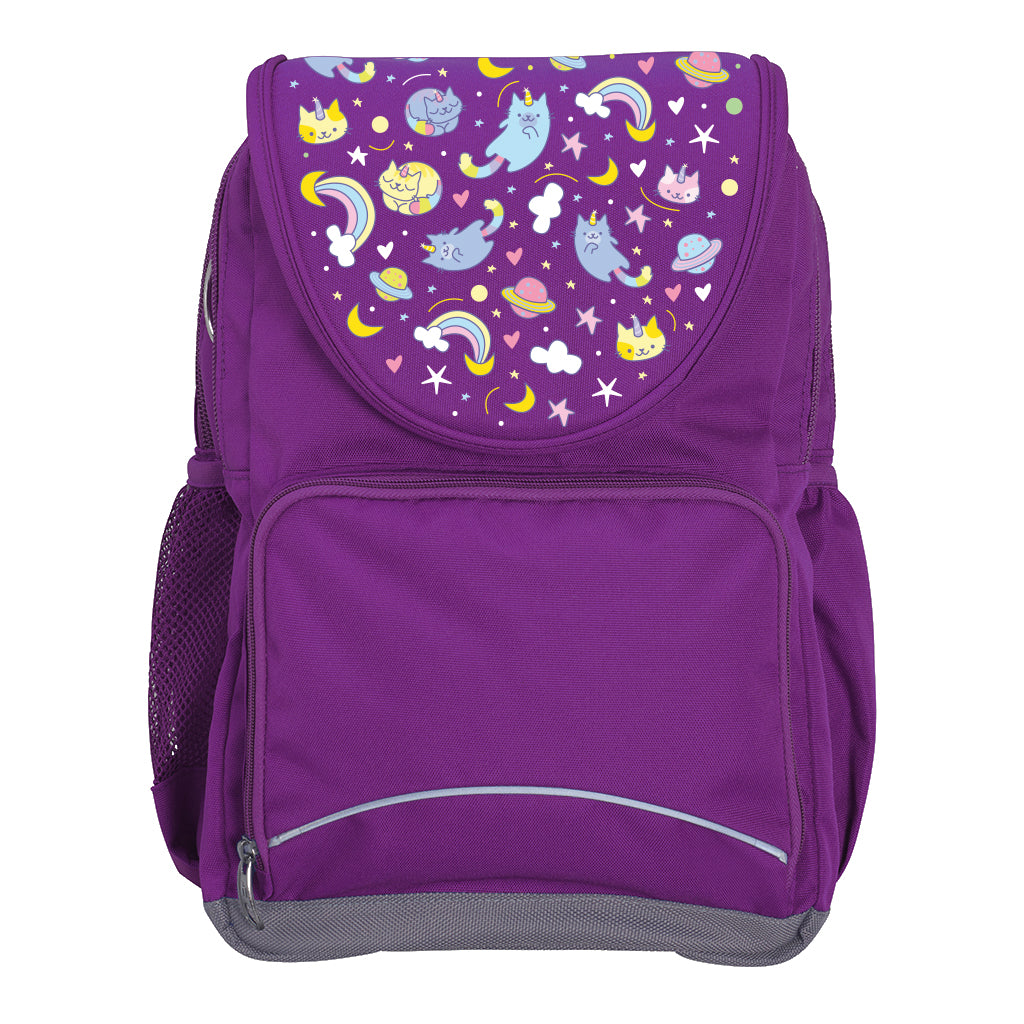 Harlequin Ergo Tuff-Pack backpack in Purple with Kittycorn design from the Harlequin Creatix signature series. Front view showcasing two zipper compartments, reflective piping, front zipper pocket and front of flap.