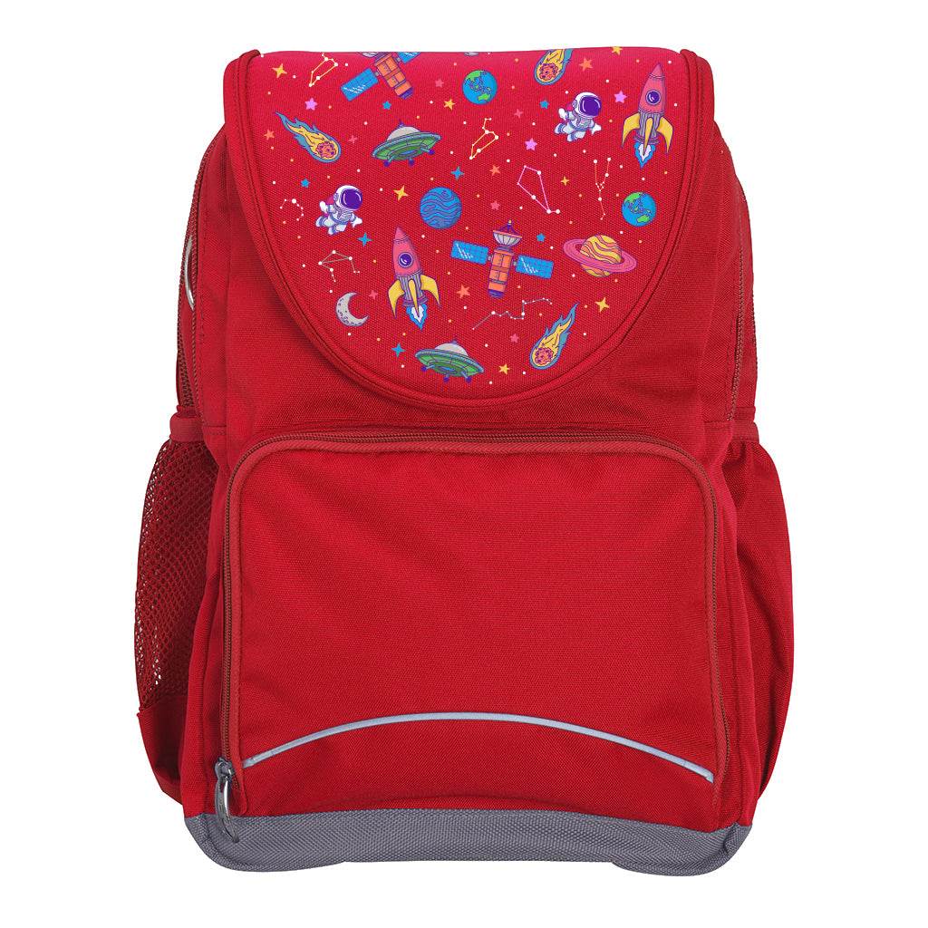 Harlequin Ergo Tuff-Pack backpack in Red with Galaxy Girl design from the Harlequin Creatix signature series. Front view showcasing two zipper compartments, reflective piping, front zipper pocket and front of flap.