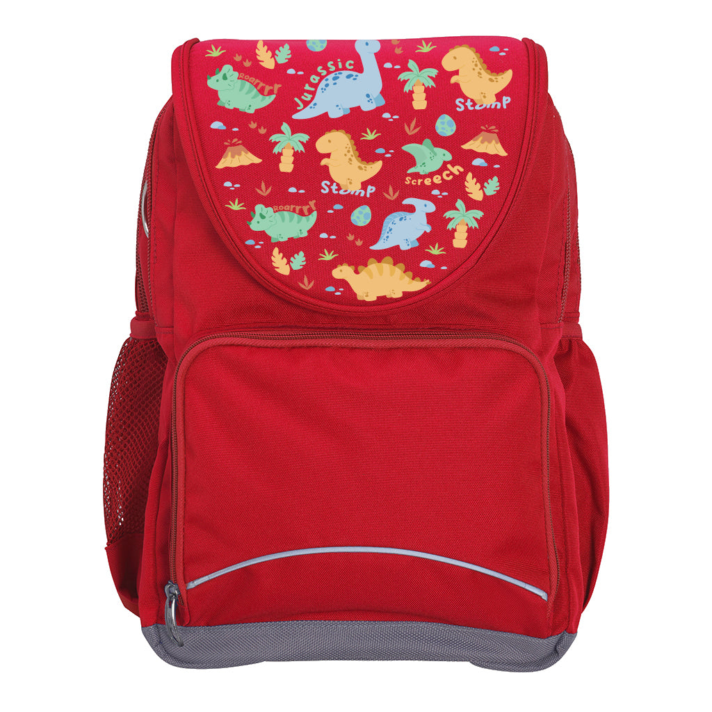 Harlequin Ergo Tuff-Pack backpack in Red with Jurassic design from the Harlequin Creatix signature series. Front view showcasing two zipper compartments, reflective piping, front zipper pocket and front of flap.
