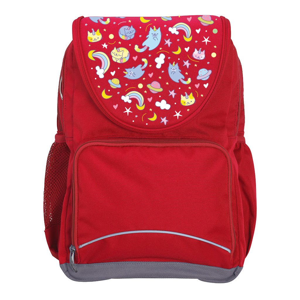 Harlequin Ergo Tuff-Pack backpack in Red with Kittycorn design from the Harlequin Creatix signature series. Front view showcasing two zipper compartments, reflective piping, front zipper pocket and front of flap.