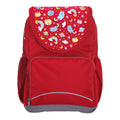 Harlequin Ergo Tuff-Pack backpack in Red with Kittycorn design from the Harlequin Creatix signature series. Front view showcasing two zipper compartments, reflective piping, front zipper pocket and front of flap.