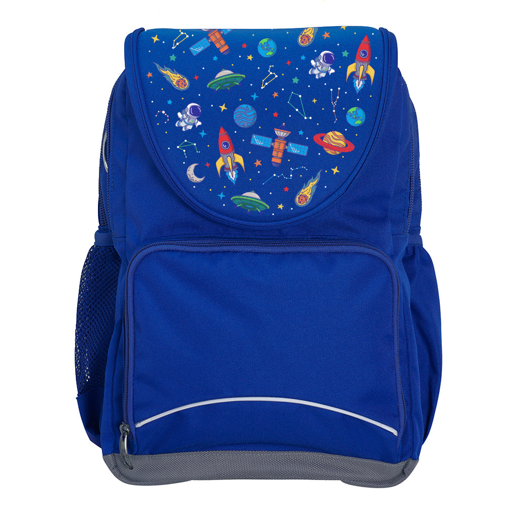 Harlequin Ergo Tuff-Pack backpack in Royal Blue featuring Galaxy Boy design from the Harlequin Creatix signature series. Front view showing the front zipper pocket and detachable flap.