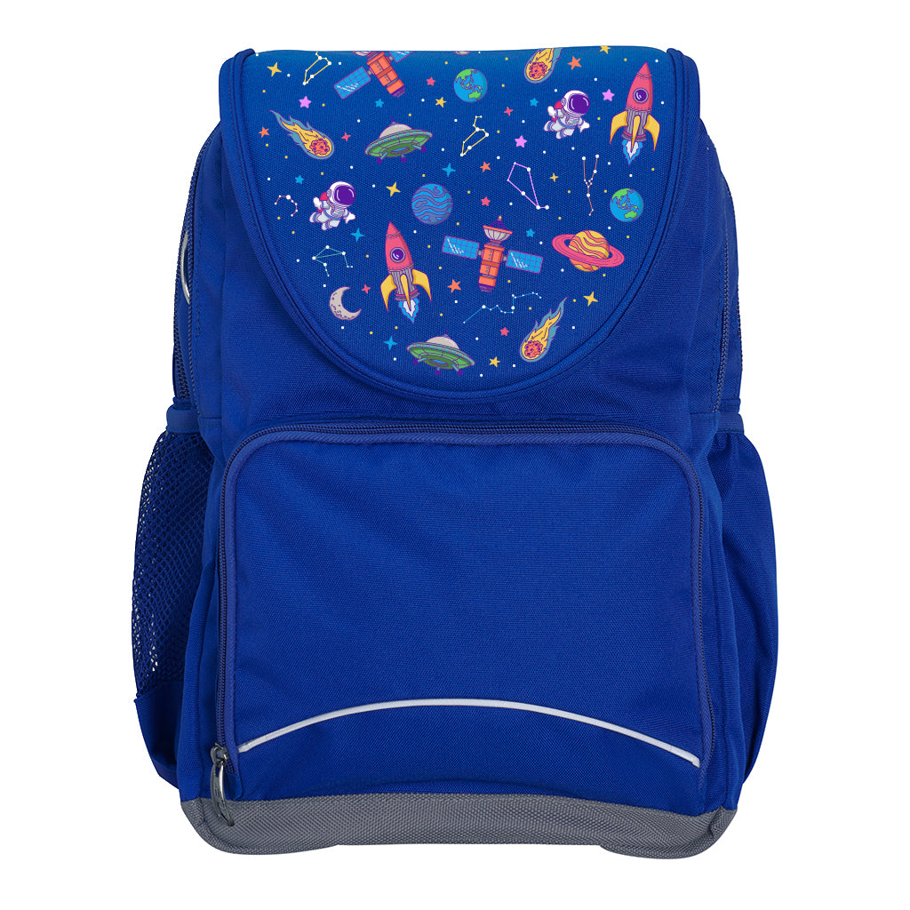 Harlequin Ergo Tuff-Pack backpack in Royal Blue with Galaxy Girl design from the Harlequin Creatix signature series. Front view showcasing two zipper compartments, reflective piping, front zipper pocket and front of flap.