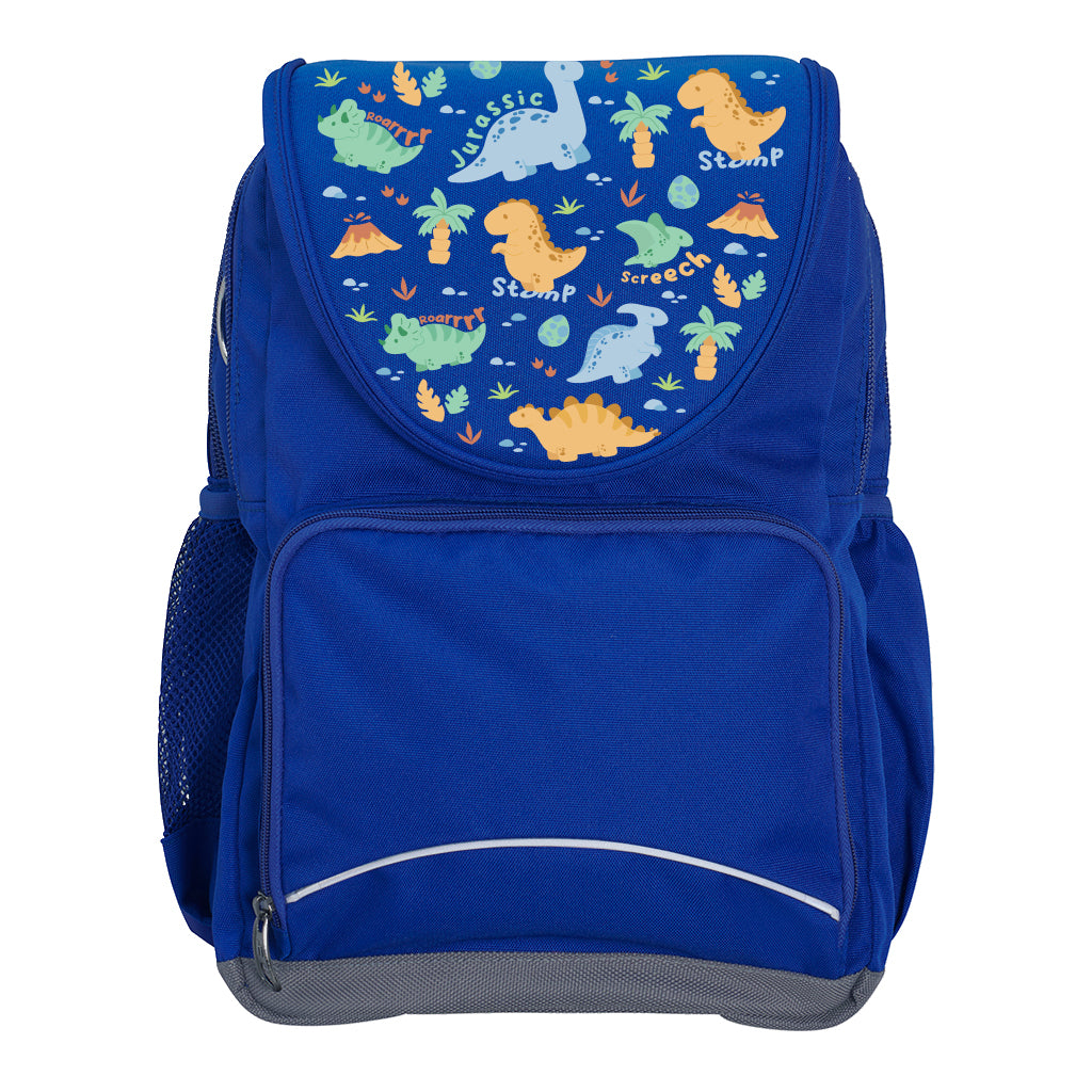 Harlequin Ergo Tuff-Pack backpack in Royal Blue with Jurassic design from the Harlequin Creatix signature series. Front view showcasing two zipper compartments, reflective piping, front zipper pocket and front of flap.