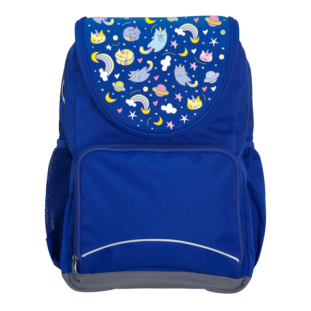 Harlequin Ergo Tuff-Pack backpack in Royal Blue with Kittycorn design from the Harlequin Creatix signature series. Front view showcasing two zipper compartments, reflective piping, front zipper pocket and front of flap.