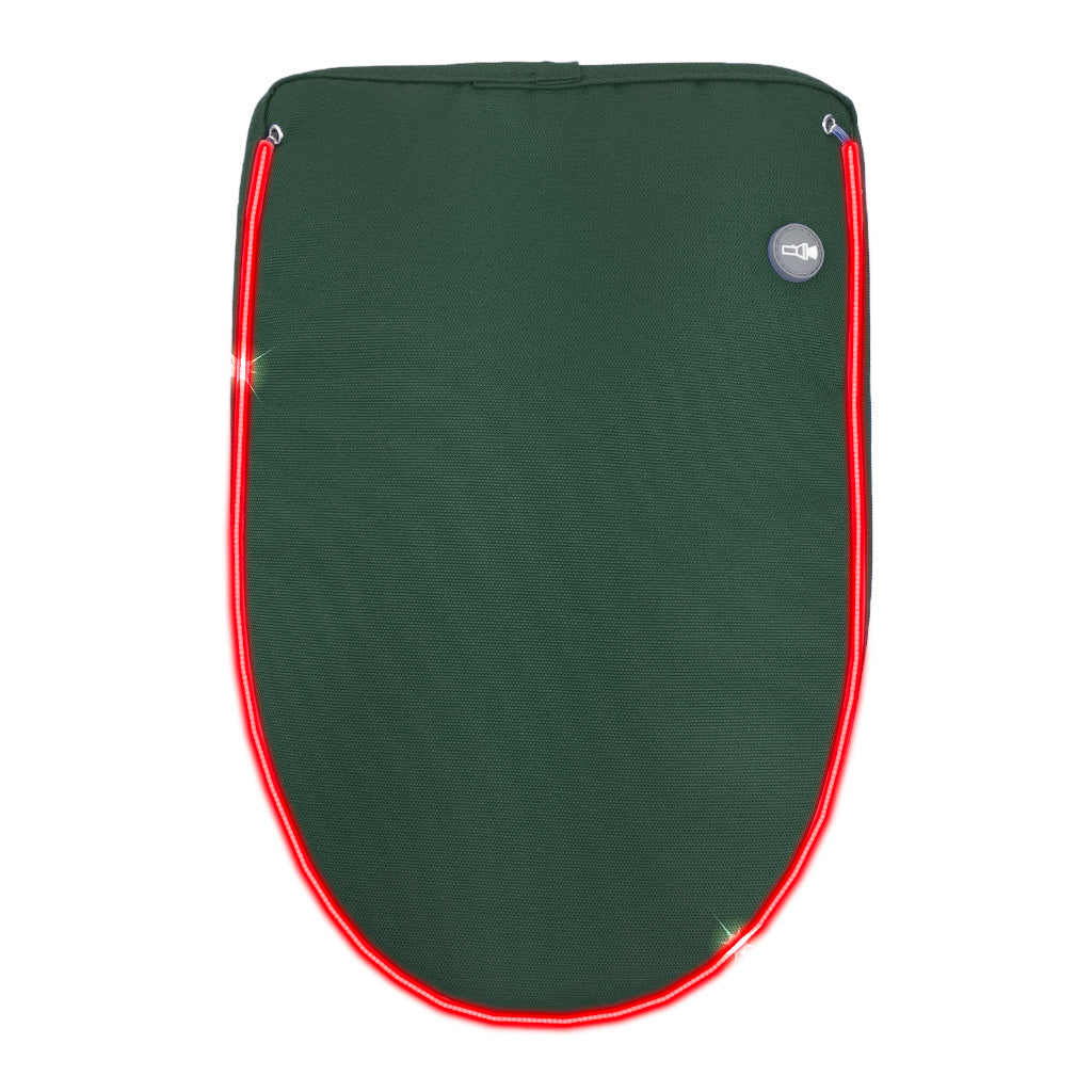 Bottle Green backpack flap with light-up LED strip