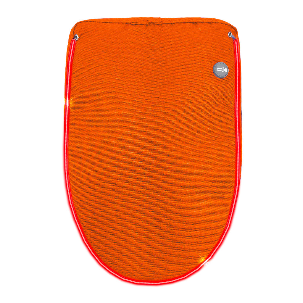 Hi-viz orange backpack flap with light-up LED strip