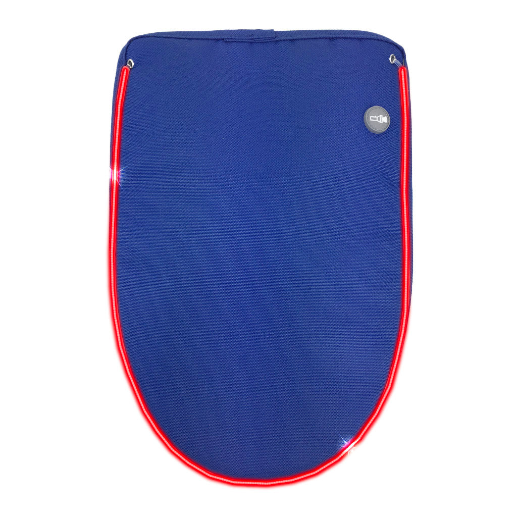 Royal blue backpack flap with light-up LED strip