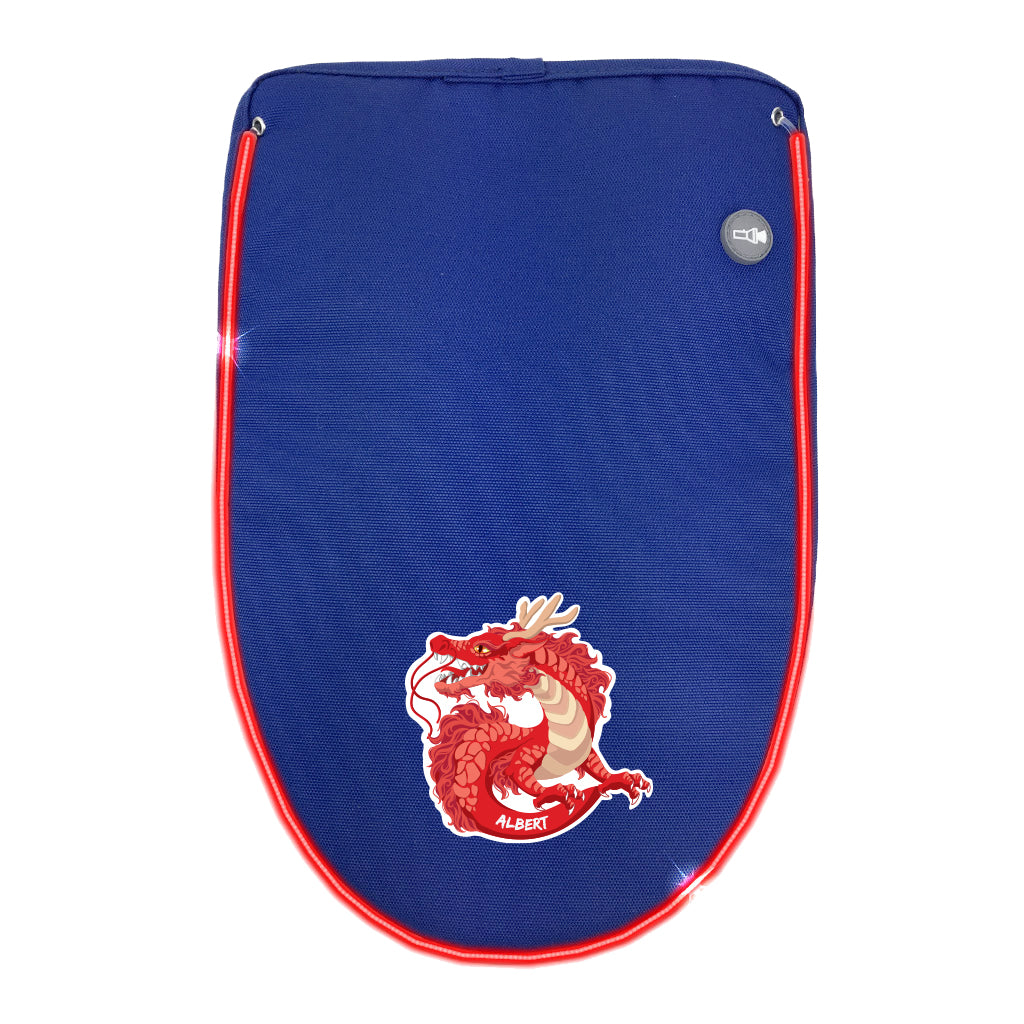 Personalised dragon design on royal blue detachable flap lined with LED lighting