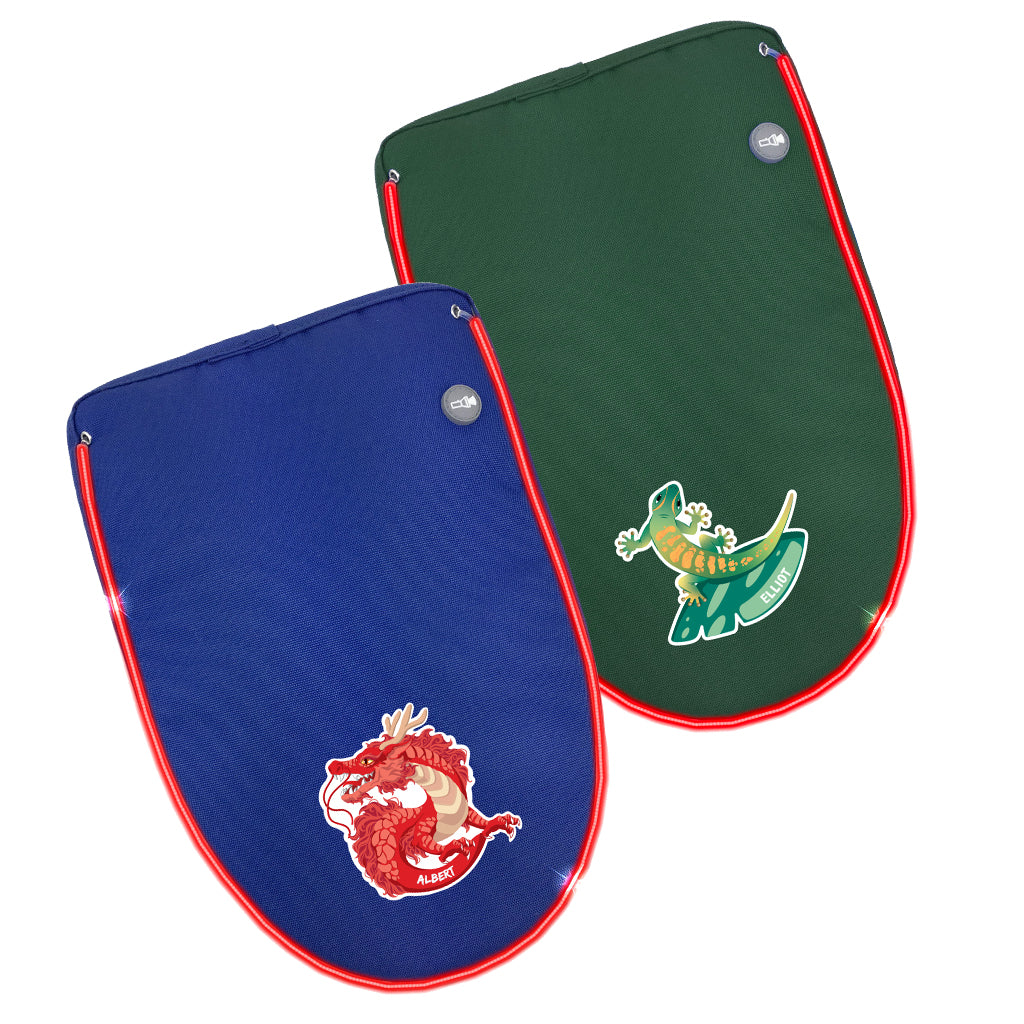 Personalised designs on royal blue and bottle green detachable flap lined with LED lighting
