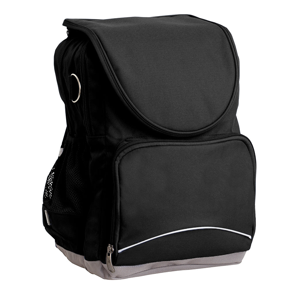 Harlequin Ergo Tuff-Pack shown in black, side angle and front pocket.