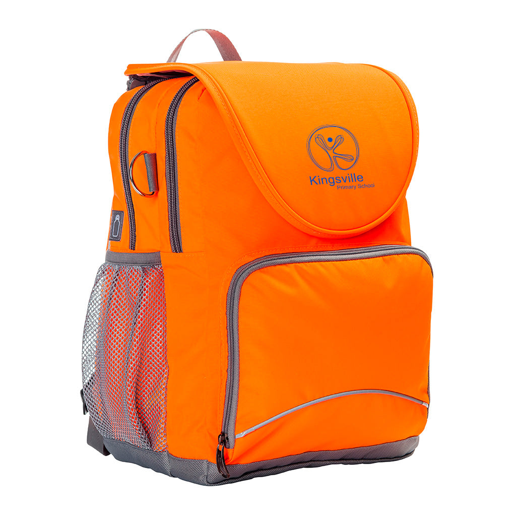 Kingsville Primary School Ergo Tuff-Pack backpack Hi-Viz. Front side angle, padded shoulder straps, two zipper compartments, front zipper pocket, D-Ring and mesh water bottle.