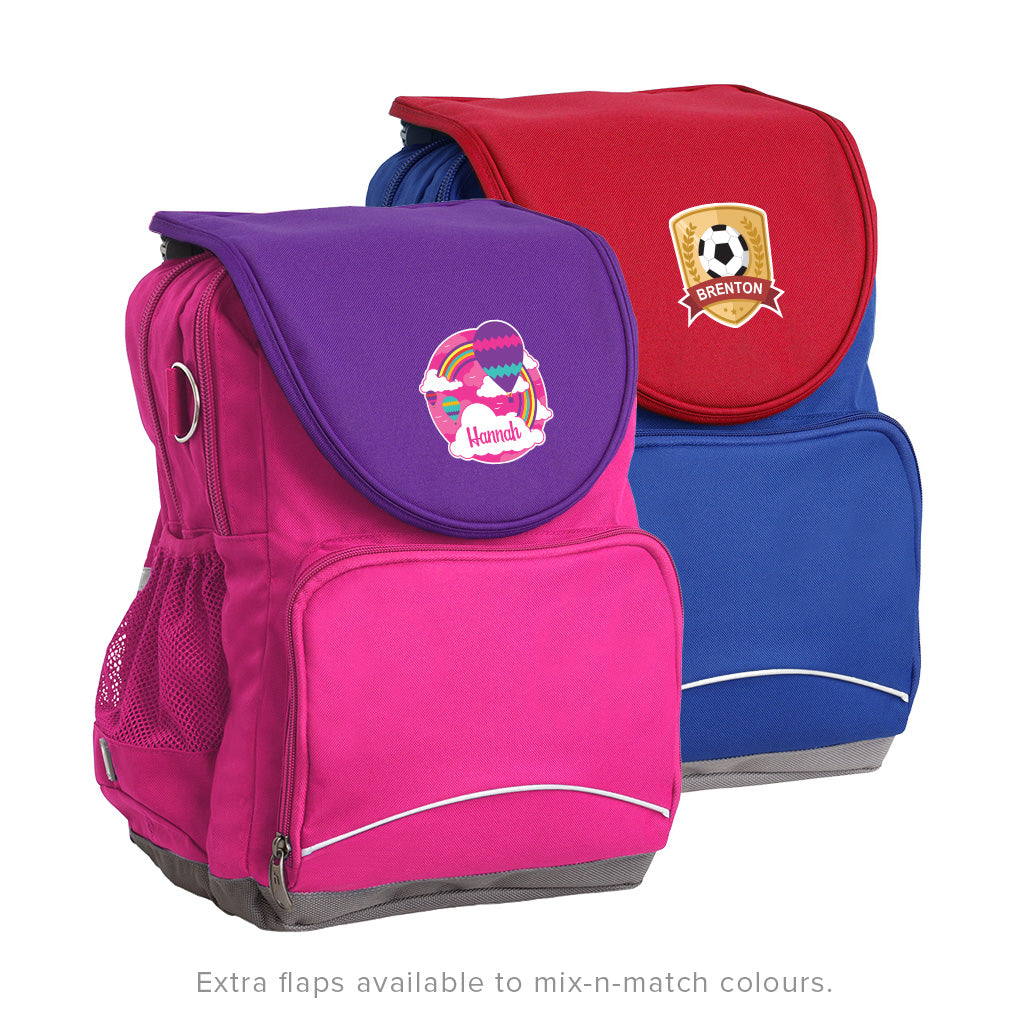 Harlequin Ergo Backpack in hot pink and royal blue with contrasting coloured detachable flaps front side angle displaying carry handle, padded shoulder straps, top zipper compartment, front zipper pocket and mesh water bottle holder with personalised desi